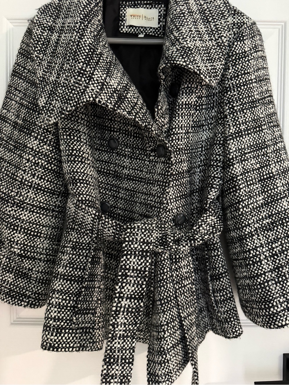 White & Black Tweed Belted Pea Coat